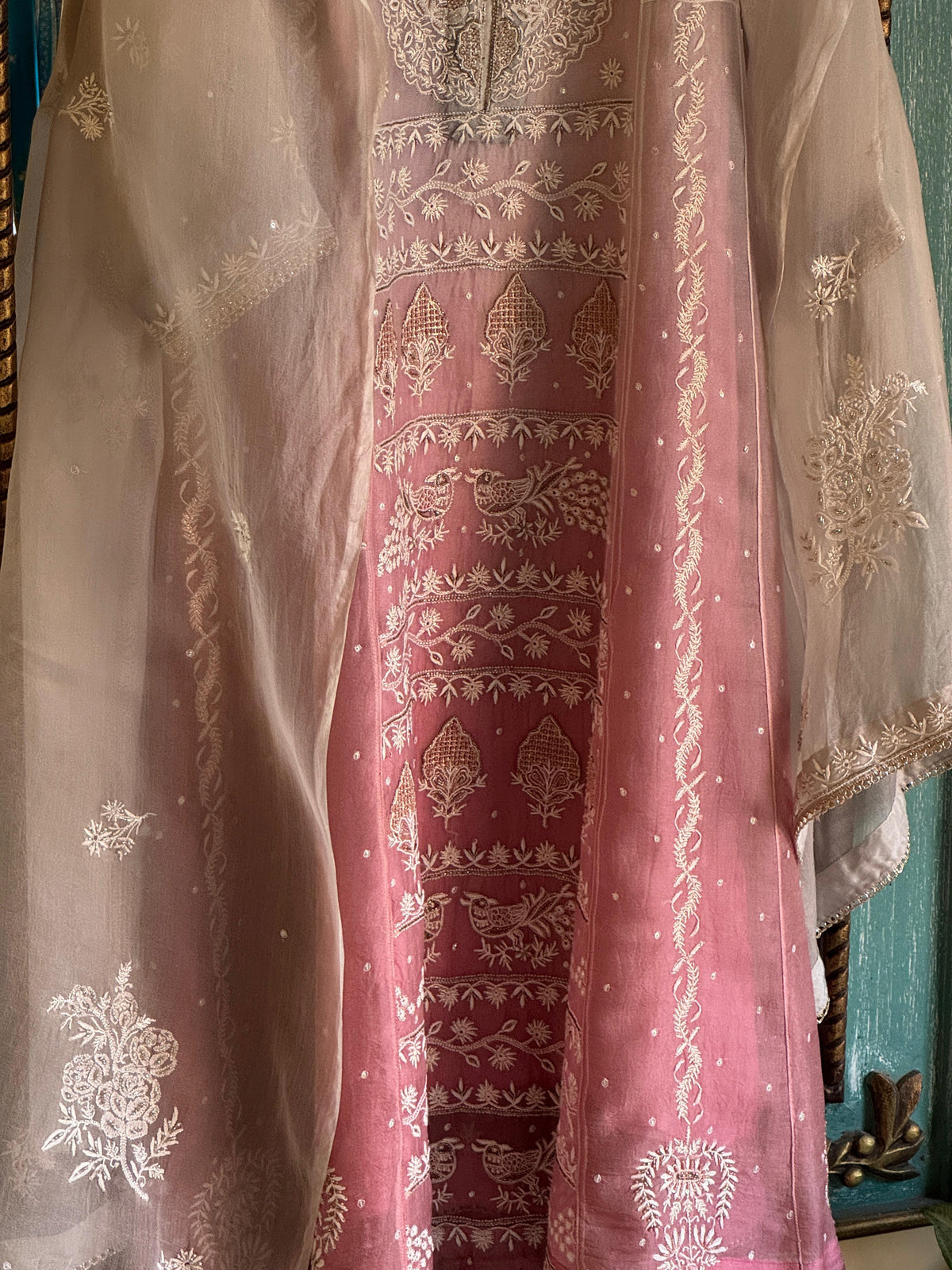 Grey & Pink Ombre Shade Noor Organza Chikankari Anarkali