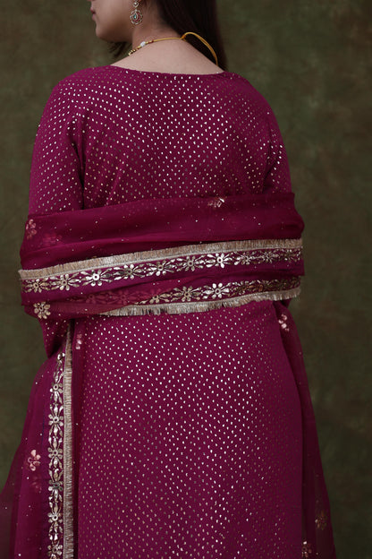 Mukaish Kamdani Plum shade Pure Georgette Kurta Gharara Set with Organza Dupatta