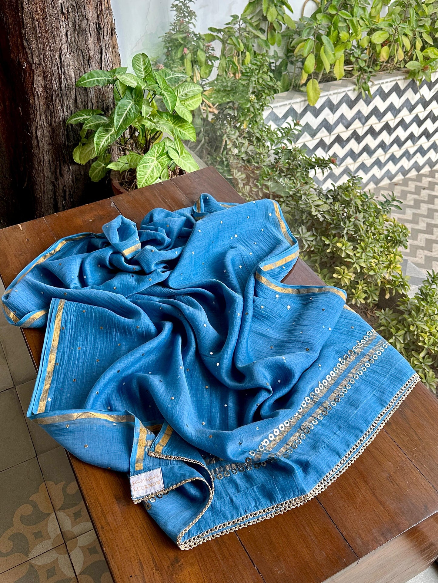 Blue Shade Mukaish Mul Chanderi Silk Dress