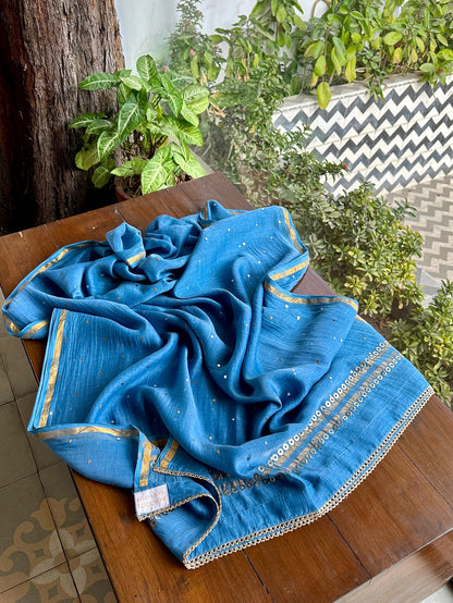 Blue Shade Mukaish Mul Chanderi Silk Dress