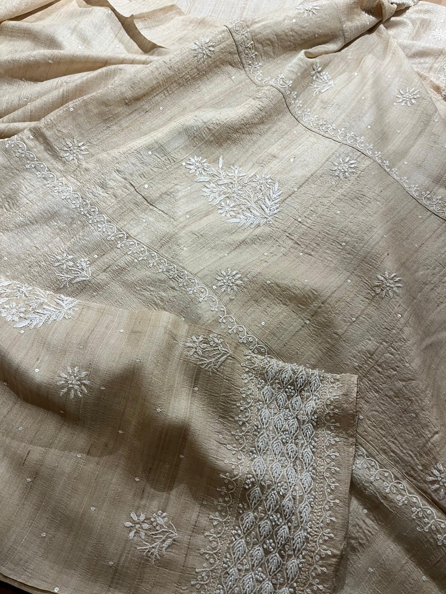 Semi Stitched Natural Tussar Silk Chikankari Kurta Dupatta Set