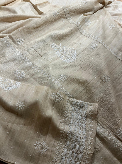 Semi Stitched Natural Tussar Silk Chikankari Kurta Dupatta Set