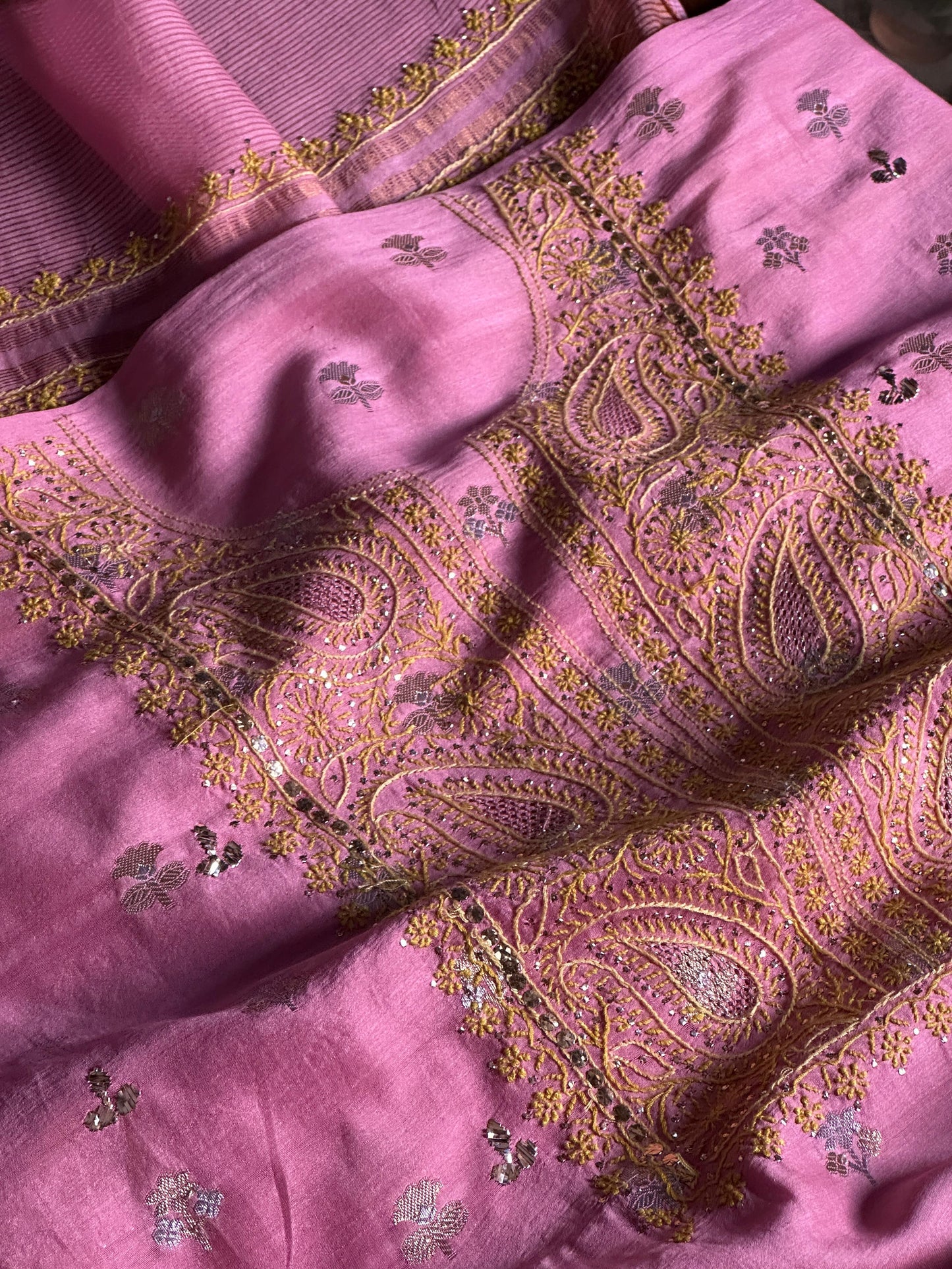 Pink Shade Zari Booti Fine Chikankari With Kamdani Work Unstitched Fabric