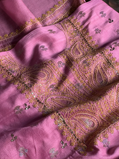 Pink Shade Zari Booti Fine Chikankari With Kamdani Work Unstitched Fabric