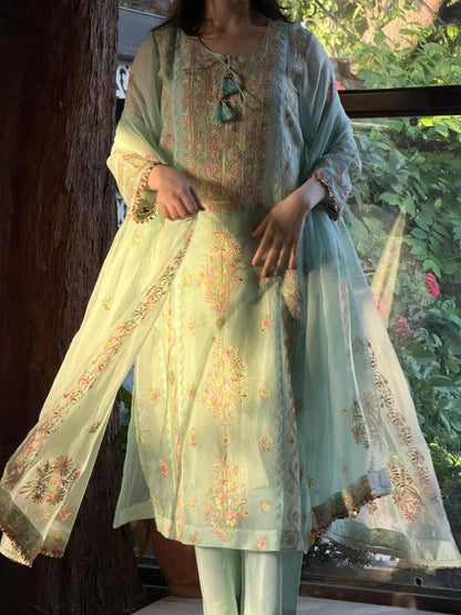 Mint Blue Multi Coloured Noor Organza Resham Chikankari Kurta Set