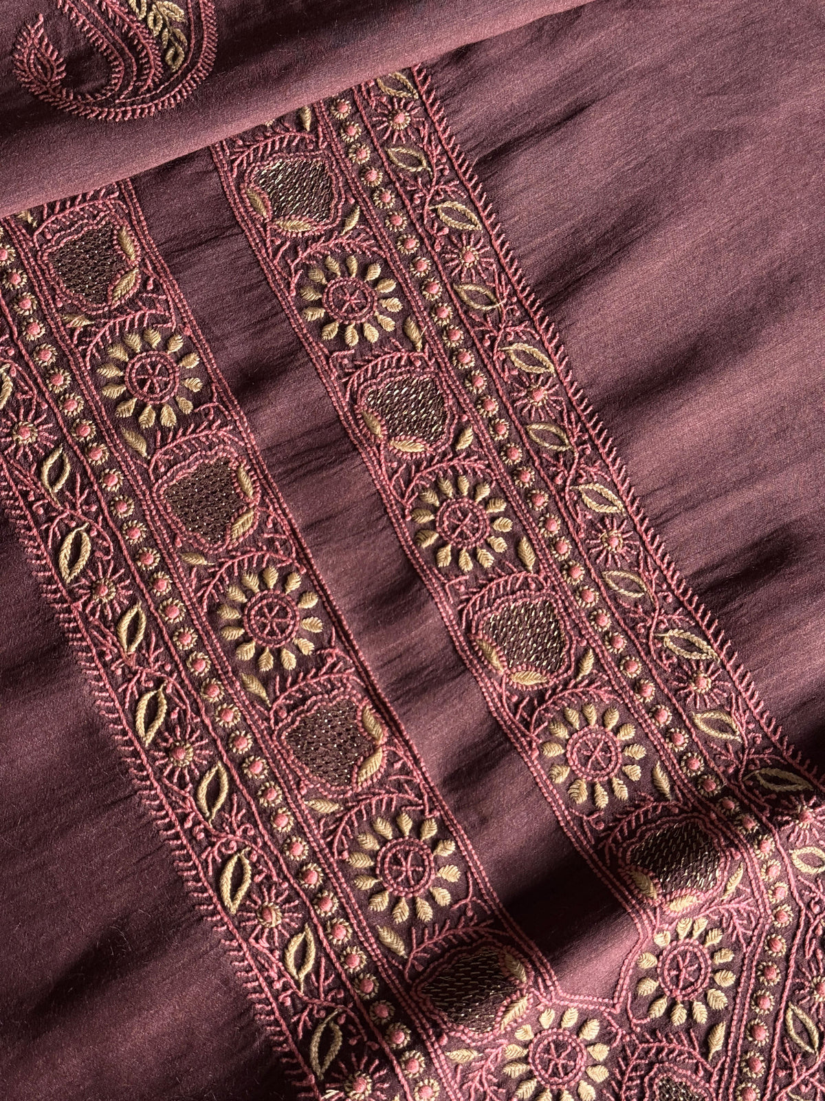 Wine Shade Moonga Silk Chikankari Men’s Kurta Fabric