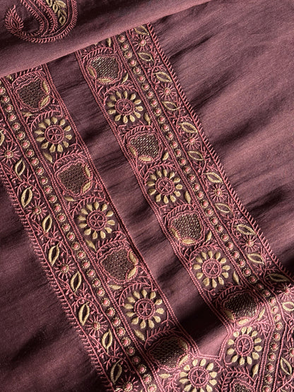 Wine Shade Moonga Silk Chikankari Men’s Kurta Fabric