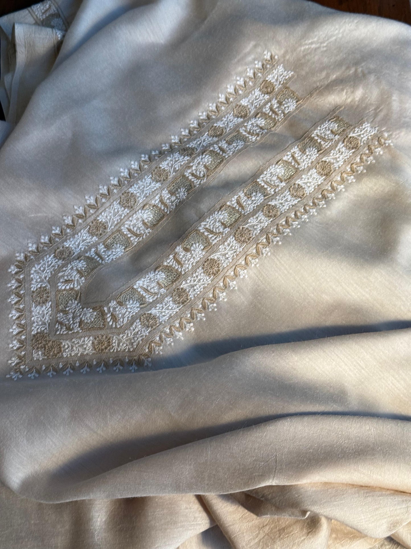 Natural Beige Moonga Silk Chikankari Men’s Kurta Fabrics