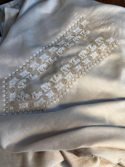 Natural Beige Moonga Silk Chikankari Men’s Kurta Fabrics