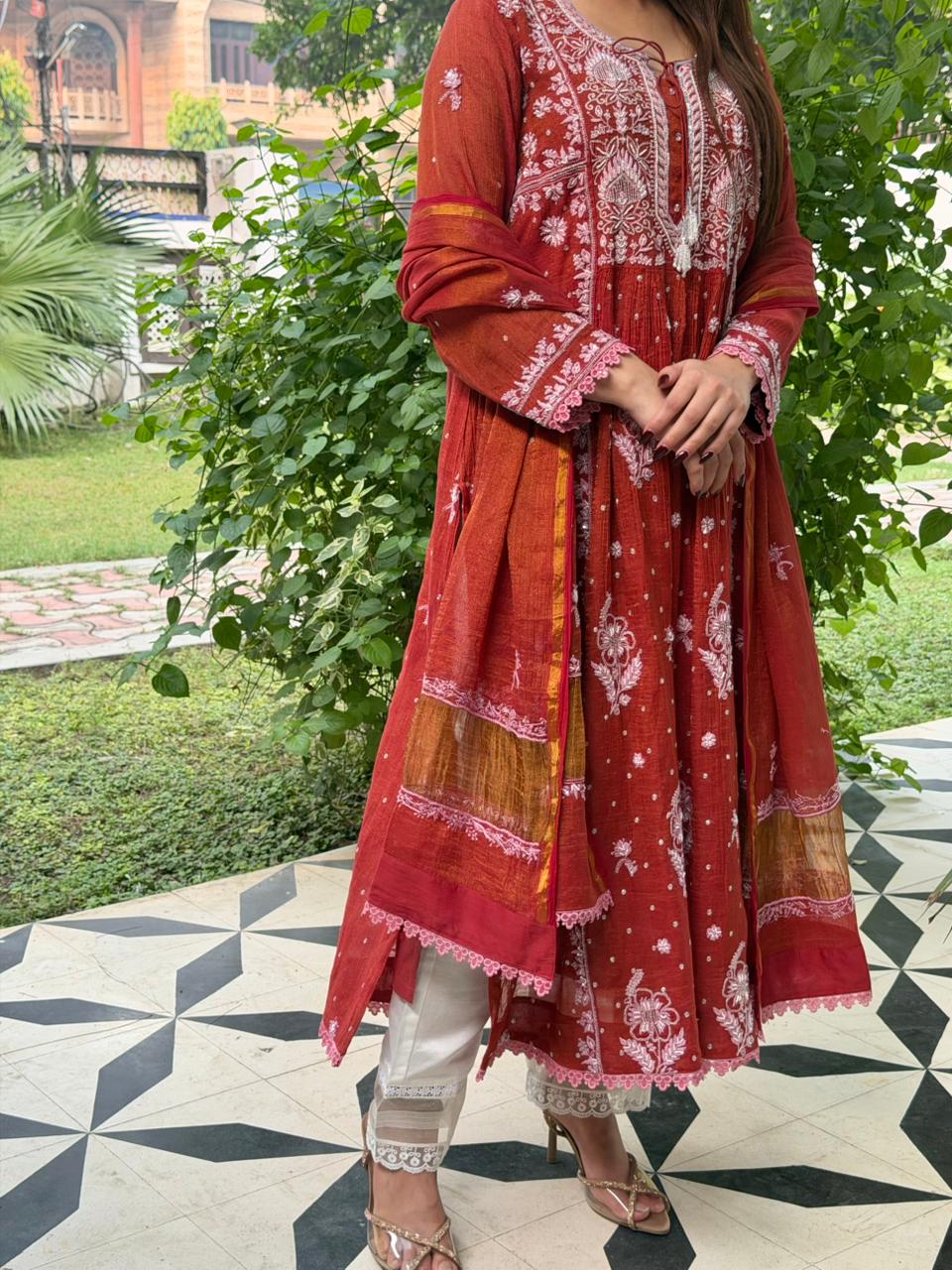Rust Red Tissue Silk Chikankari Angarkha With Ari & Beads Work