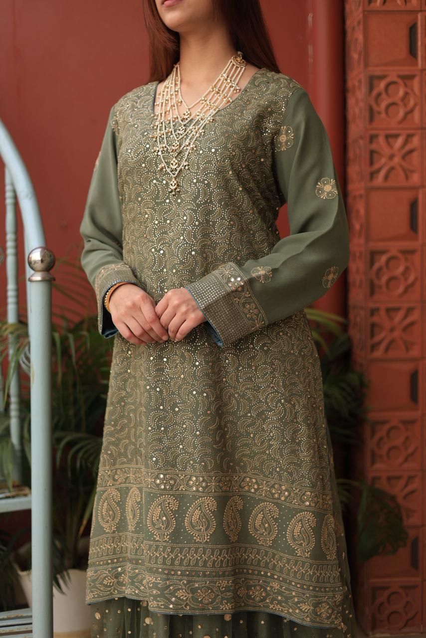 Mehndi Green Chikankari Pure Georgette Kurta Gharara Set with Kalamkari Dupatta