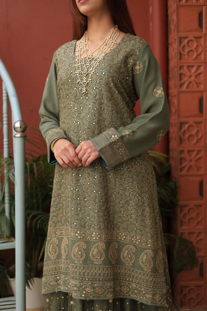 Mehndi Green Chikankari Pure Georgette Kurta Gharara Set with Kalamkari Dupatta
