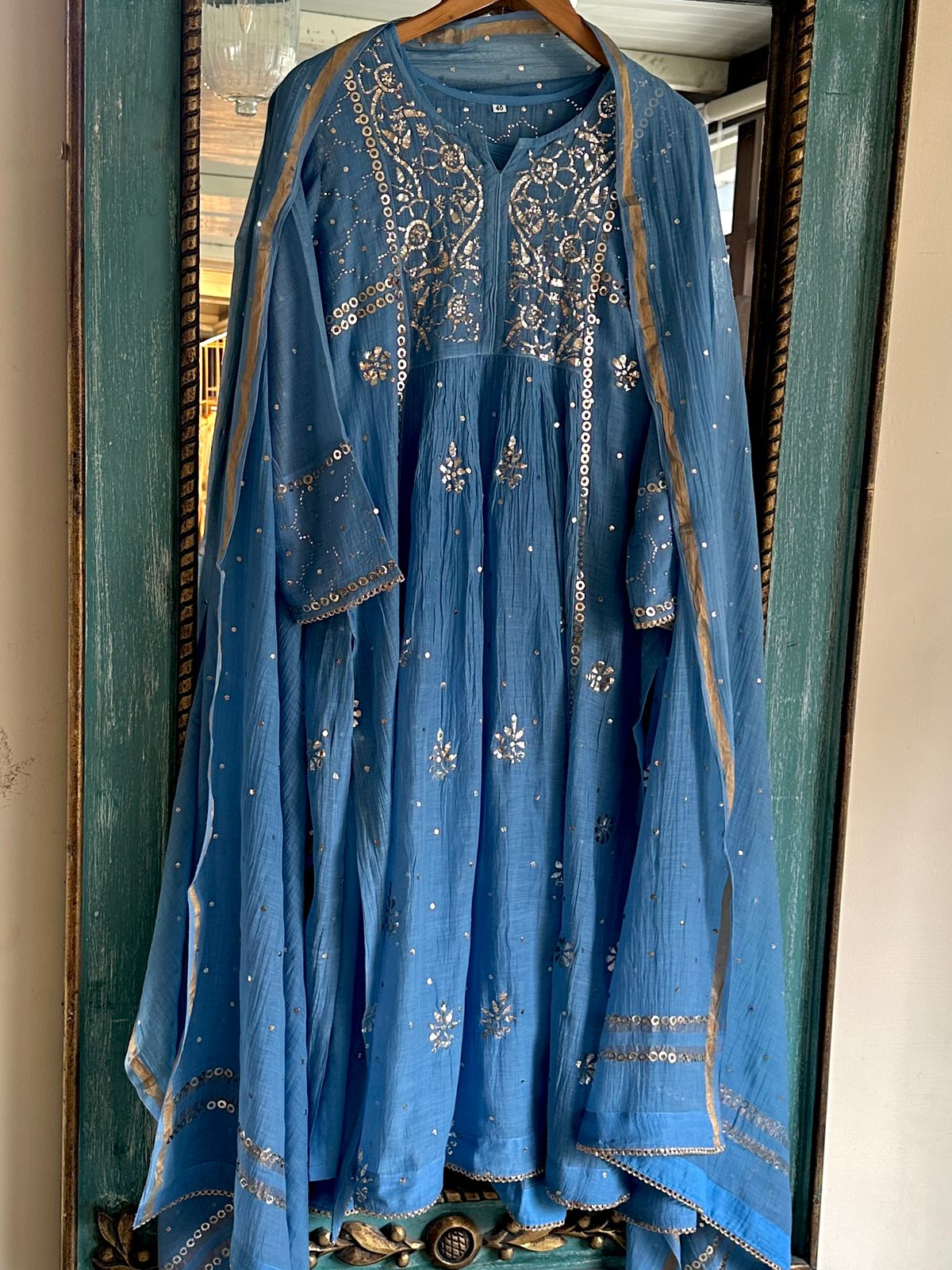 Powder Blue Shade Mukaish Mul Chanderi Silk Dress