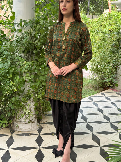 Ajrak Green Multi Shade Mashru Silk, Short Kurta