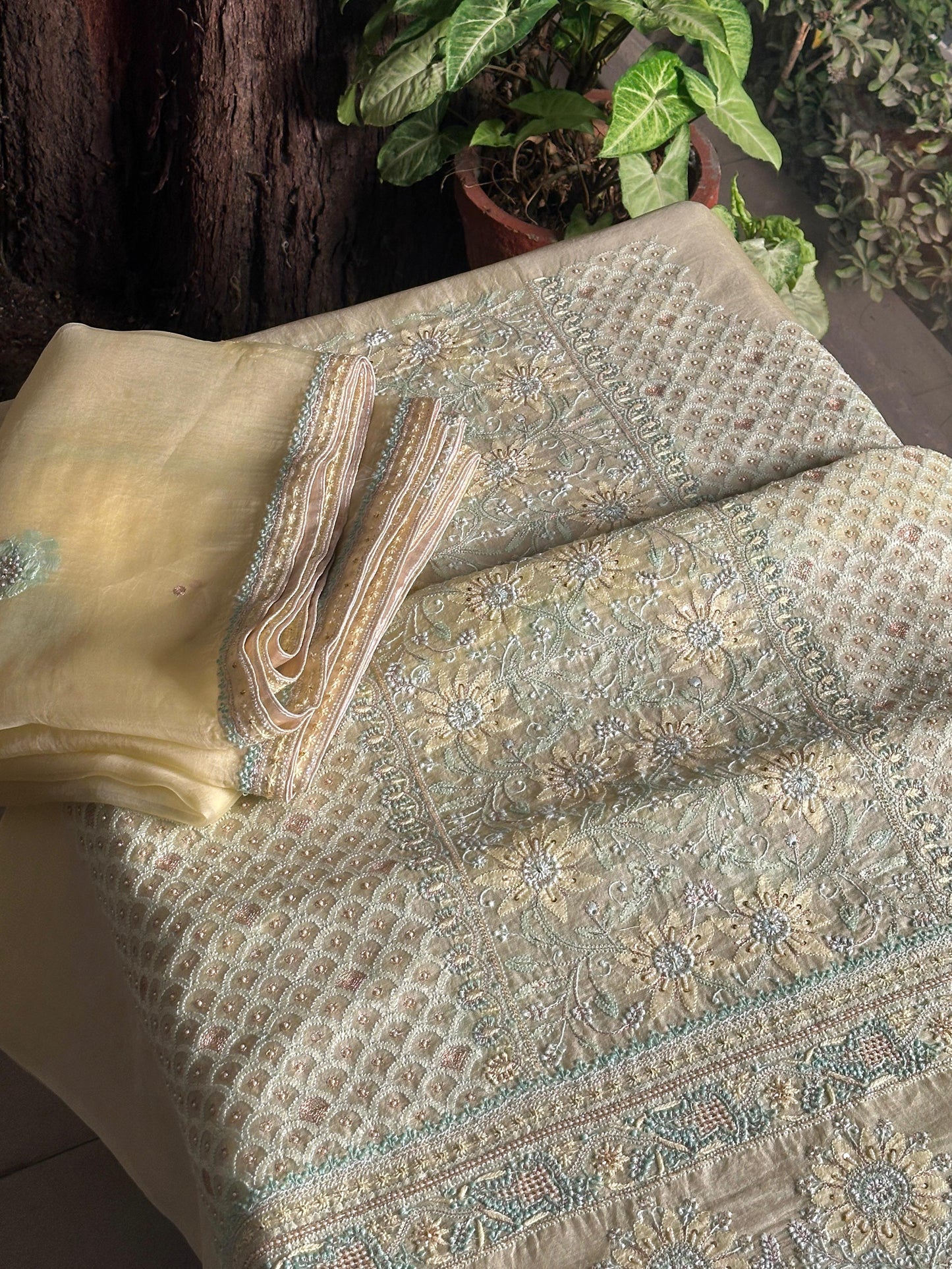 Lemon Shade Noor Banarasi Organza Chikankari Unstitched Fabric