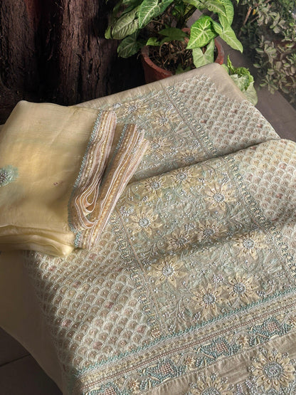 Lemon Shade Noor Banarasi Organza Chikankari Unstitched Fabric