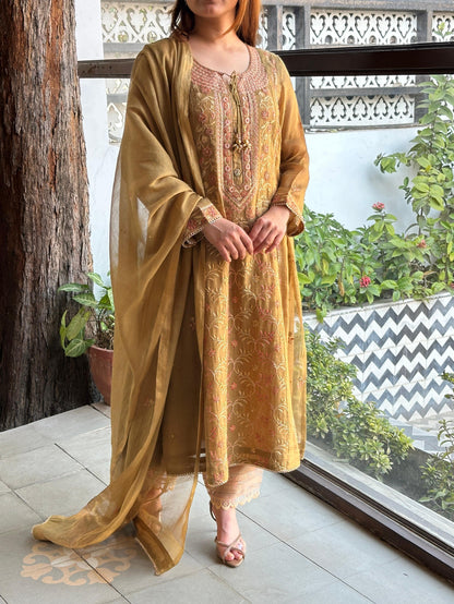 Mustard Shade Tissue Silk Chikankari Anarkali With Ari Work