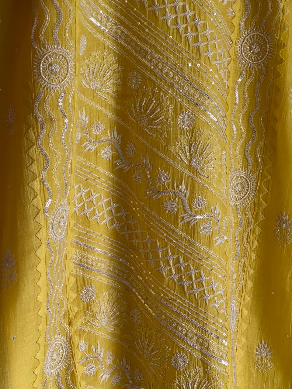 Yellow Mulmul Pearl White Chikankari Ready to Wear Kurta Set