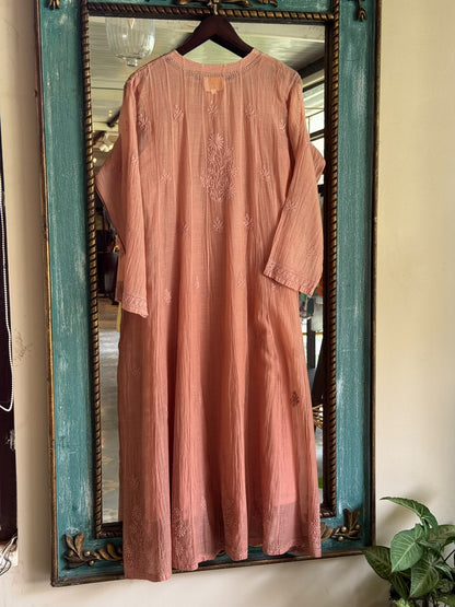 Coral Peach Zari Chanderi Chikankari A Line Kurta with Slip