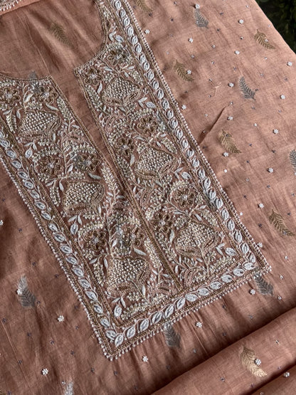 Almond Peach Shade Banarasi Zari Chanderi Unstitched Chikankari Fabric