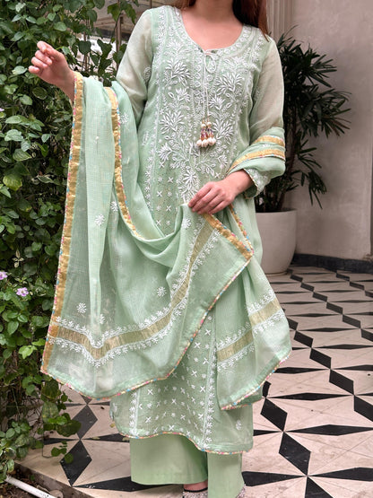 Green Shade Kota Applique Chikankari Kurta Dupatta Set