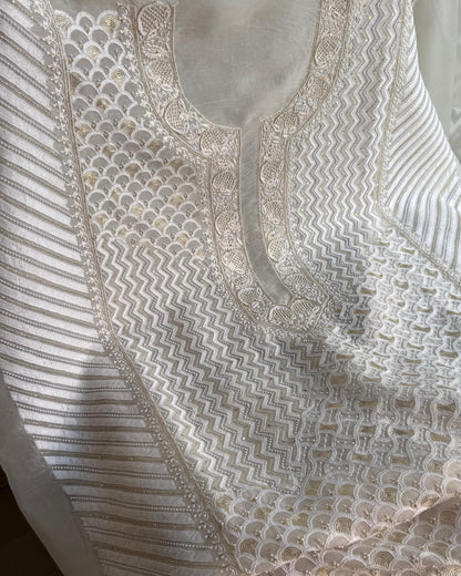 White Noor Benarasi Organza Silk Chikankari Unstitched Kurta Dupatta Set