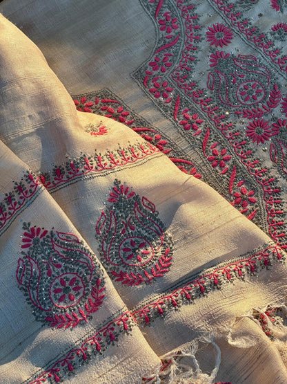 Natural Beige Shade Tussar Silk With Dual Thread Chikankari Fabric