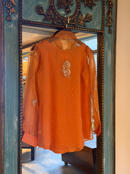 Orange Noor Organza Mukaish Badla Short Top With Bow Tie
