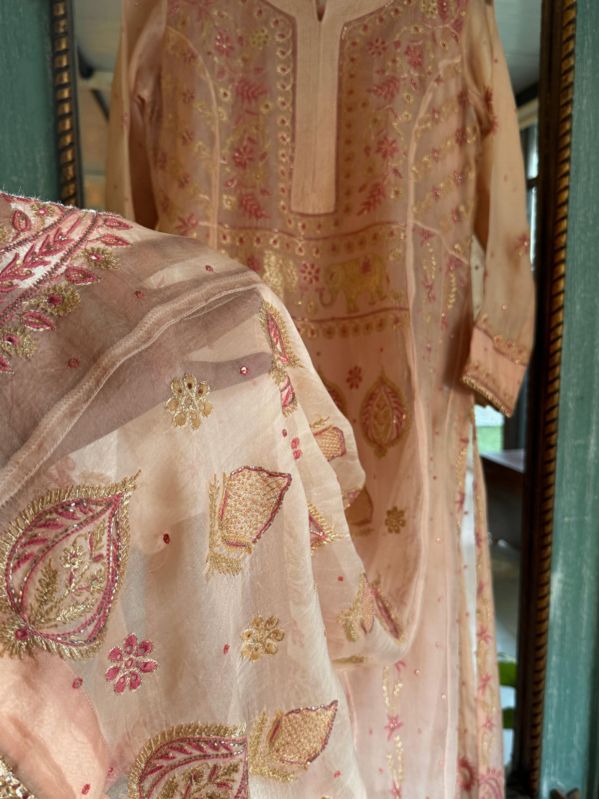 Pearl Peach Shade Noor Organza Chikankari A Line Kurta With Dupatta