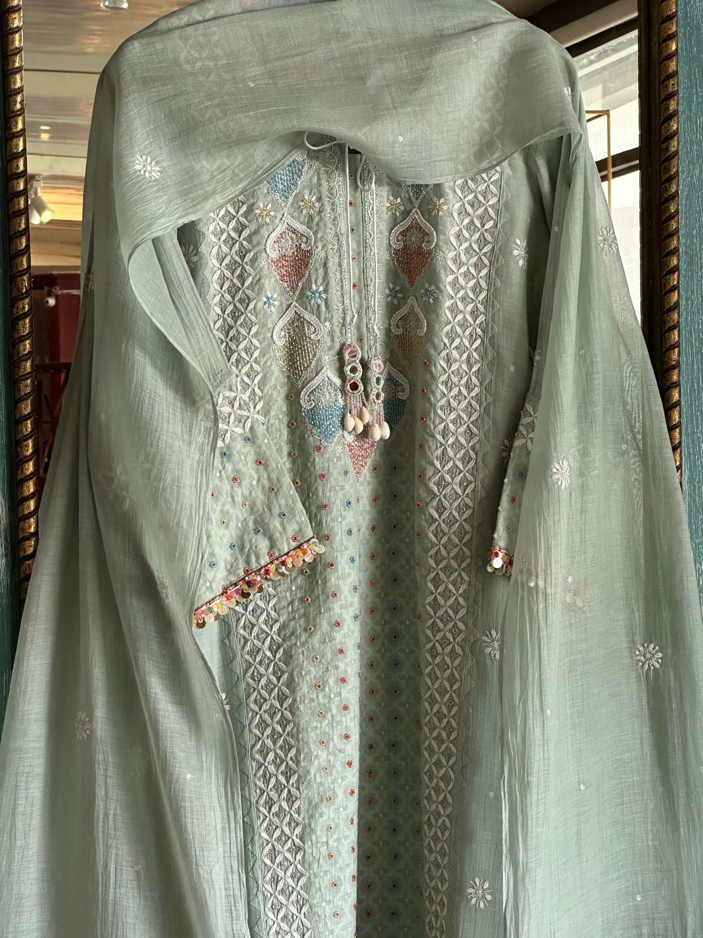 Mint Green Shade Jacquard Sequins Chikankari Kurta Set