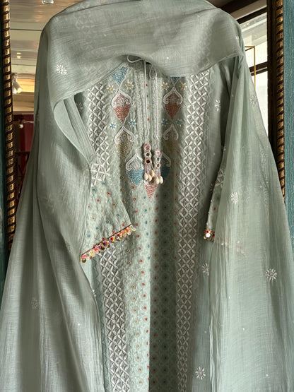 Mint Green Shade Jacquard Sequins Chikankari Kurta Set
