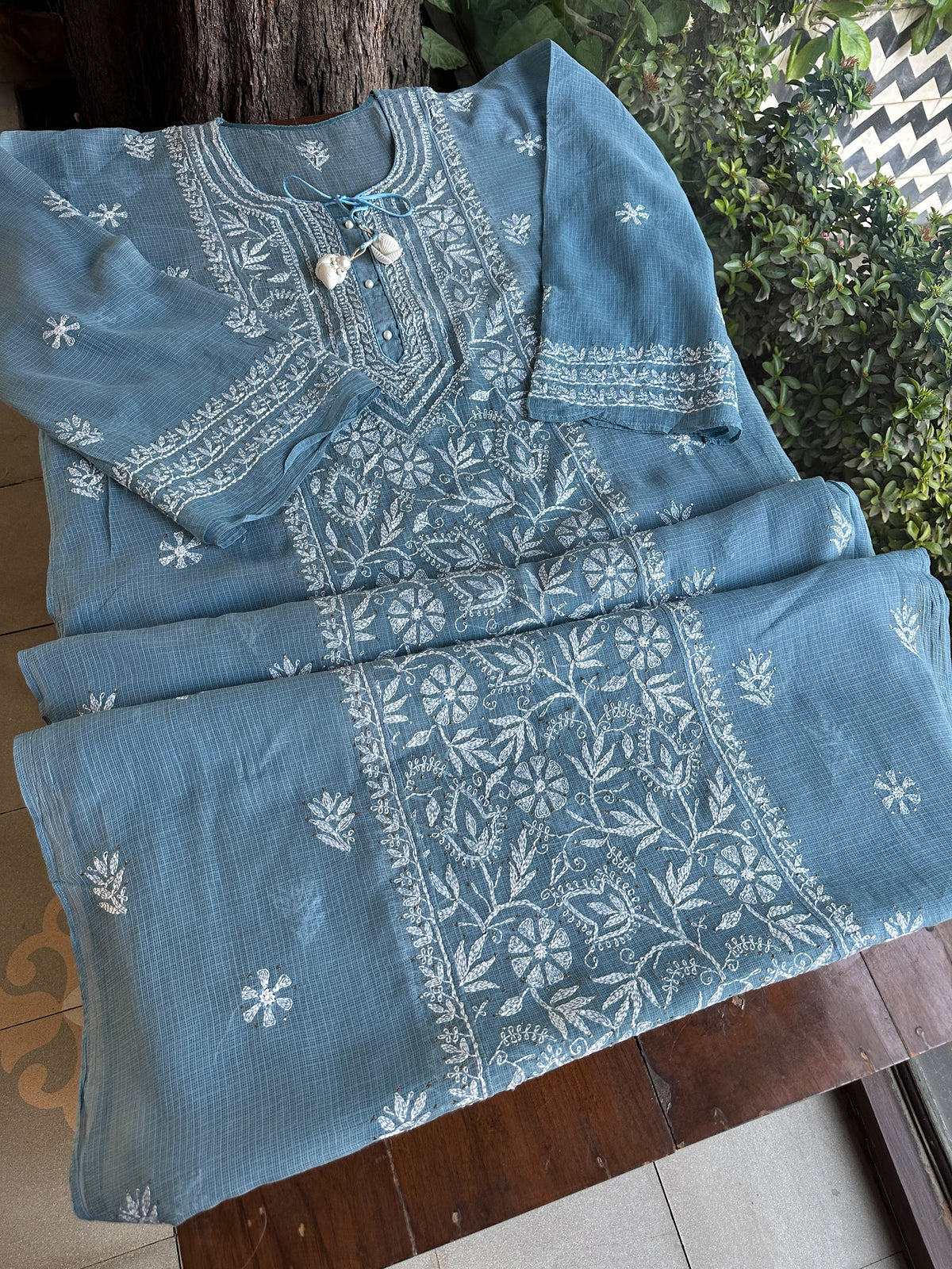 Blue Shade Semi Stitched Kota Tepchi Chikankari Kurta Dupatta Set