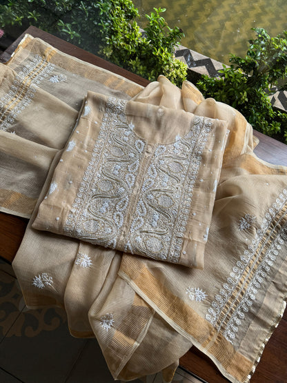 Beige Shade Banarasi Zari Chanderi Unstitched Chikankari Fabric
