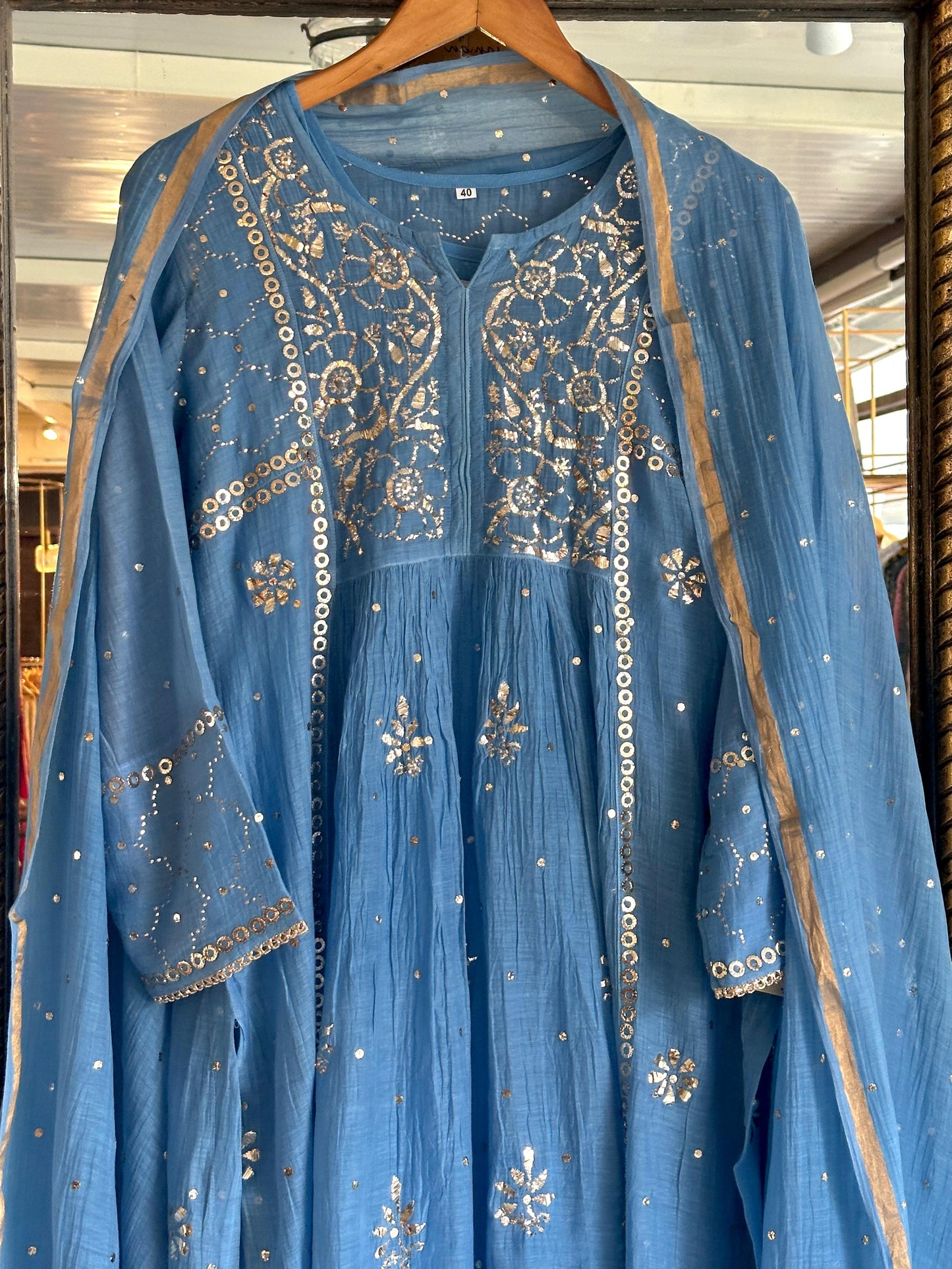 Powder Blue Shade Mukaish Mul Chanderi Silk Dress