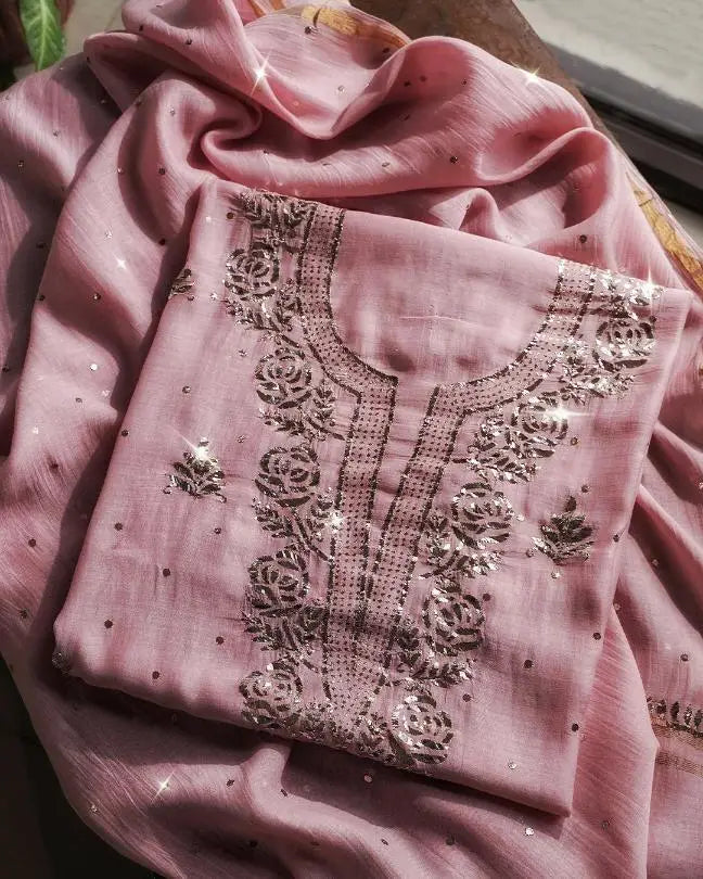 Pink Shade Chanderi Silk Mukaish Badla Unstitched Fabrics