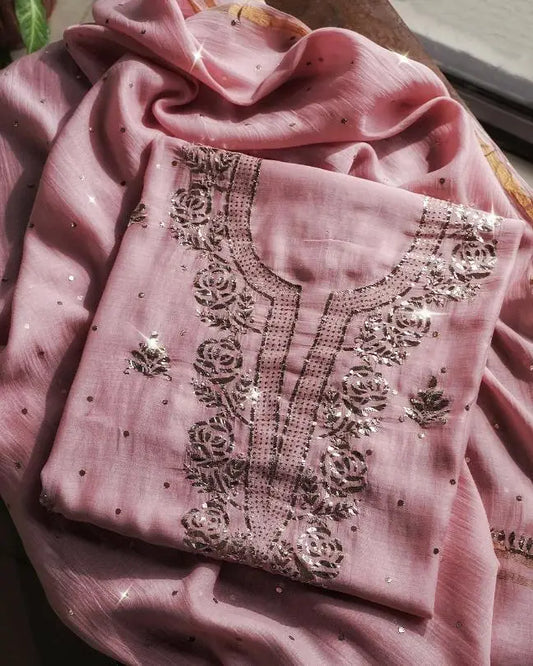 Pink Shade Chanderi Silk Mukaish Badla Unstitched Fabrics