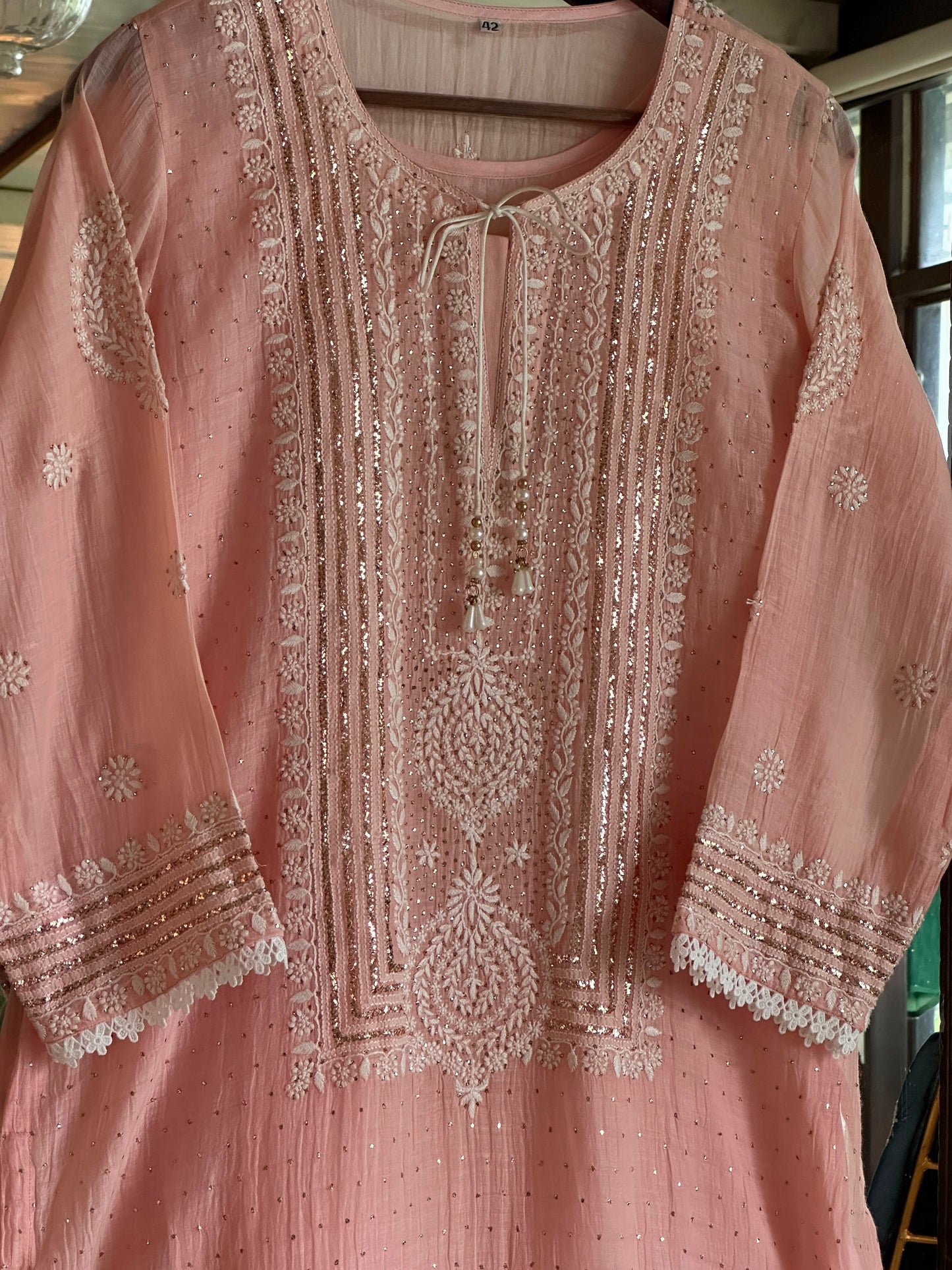 Peach Mal Heavy Chikankari Yoke Kurta Set with Kamdani Mukaish