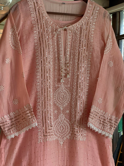 Peach Mal Heavy Chikankari Yoke Kurta Set with Kamdani Mukaish