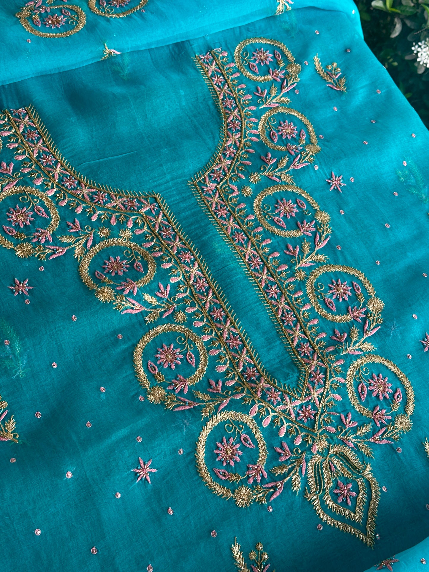 Peacock Blue Organza Banarasi Silk Chikankari Unstitched Kurta Dupatta Set
