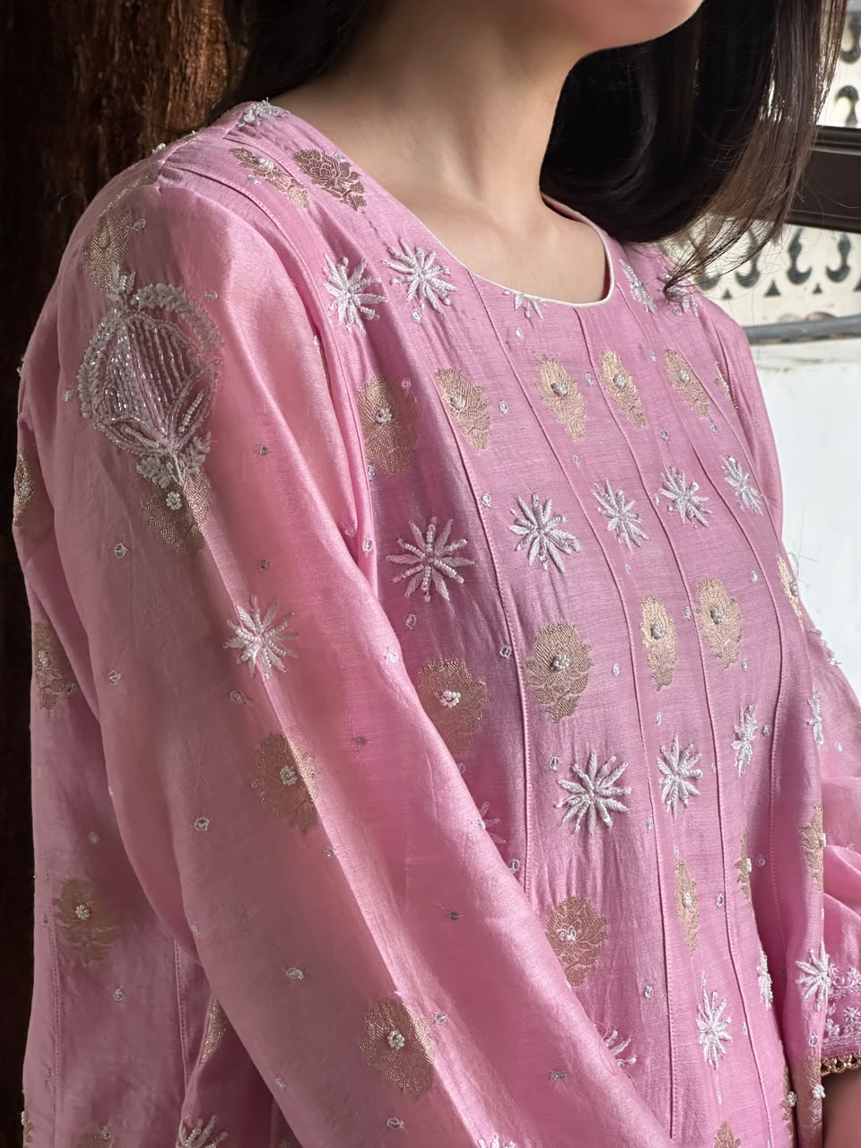 Soft Pink Zari Chanderi Chikankari Co-Ord Set