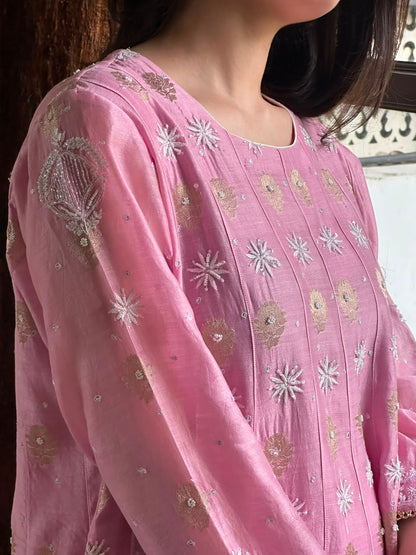 Soft Pink Zari Chanderi Chikankari Co-Ord Set