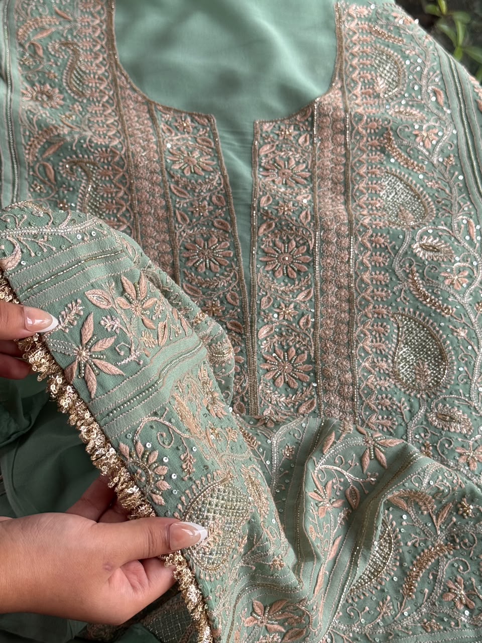 Green Superfine Pure Georgette Chikankari Kurta Set