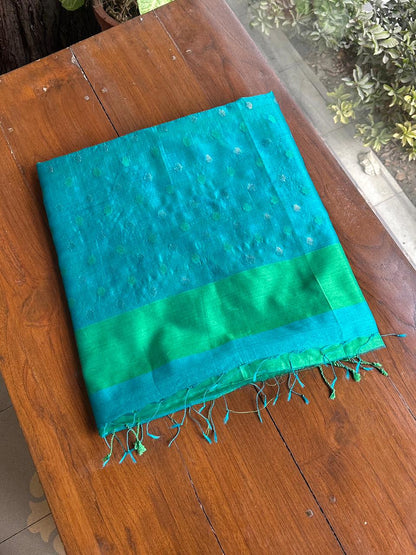 Blue Woven Butta Saree with Contrast Green Border