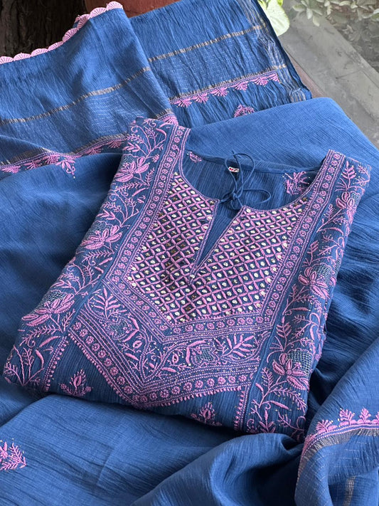 Muted Blue | Malmal Mukaish Kamdani Chikankari Stitched Kurta Dupatta Set
