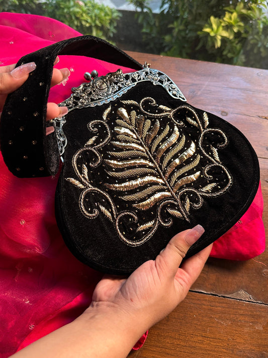 Jet Black Velvet Ari Mukaish Zardosi Sling Bag