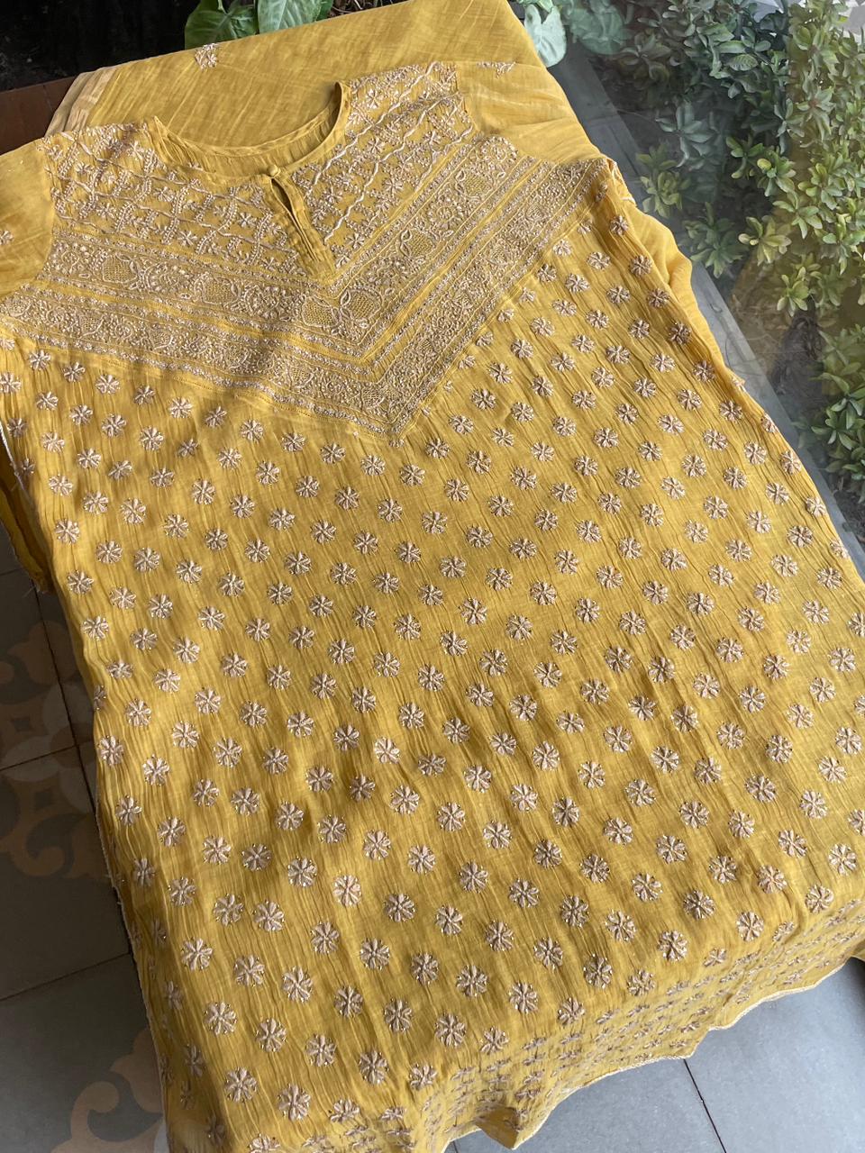 Yellow | Tissue Silk Chikankari Work Kurta Set
