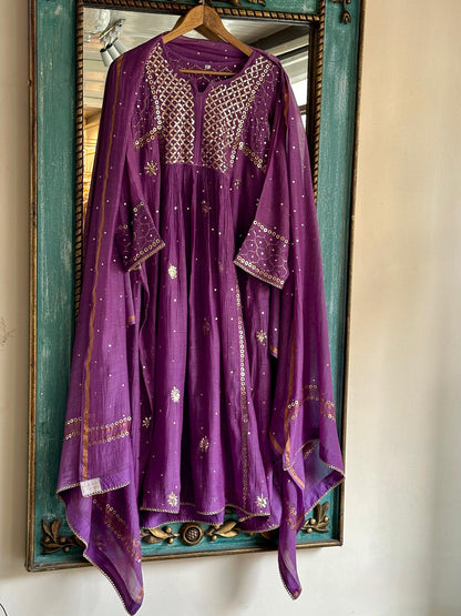 Deep Purple Shade Mukaish Mul Chanderi Silk Dress
