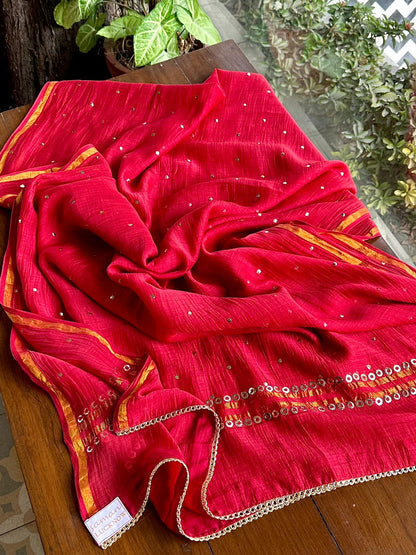Cherry Red Shade Mukaish Mul Chanderi Silk Dress