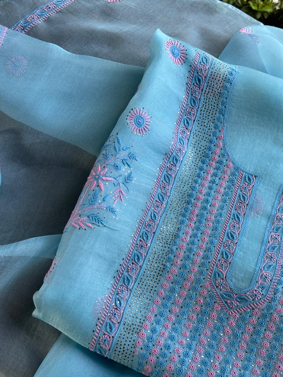 Blue Multi Shade Organza Silk Chikankari Unstitched Fabric