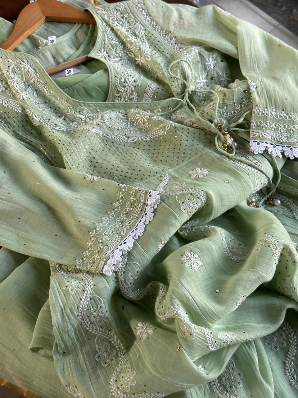Mint Green Shade Malmal Mukaish Kamdani Chikankari Kalidar Angarkha